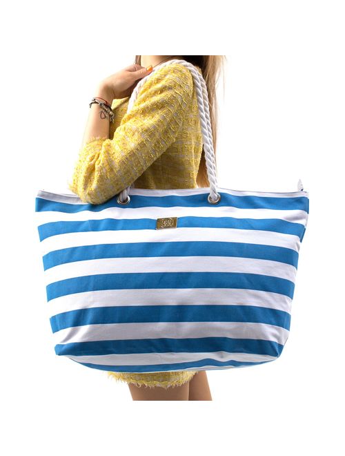 Large Canvas Striped Beach Bag - Top Zipper Closure - Waterproof Lining - Tote Shoulder Bag For Gym Beach Travel