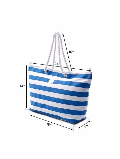 Large Canvas Striped Beach Bag - Top Zipper Closure - Waterproof Lining - Tote Shoulder Bag For Gym Beach Travel