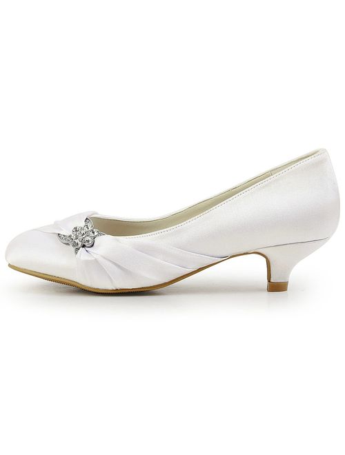 Elegantpark Women Closed Toe Comfort Heel Rhinestone Satin Wedding Bridal Shoes