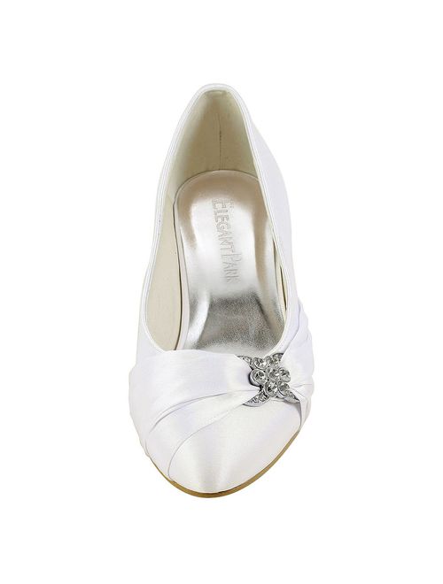 Elegantpark Women Closed Toe Comfort Heel Rhinestone Satin Wedding Bridal Shoes