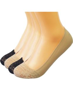 kilofly No Show Silicone Heel Grip Non-Skid Socks [4 Pairs Set, Black & Beige]