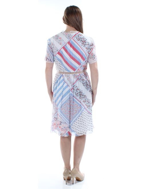 TOMMY HILFIGER Womens Ivory Printed Short Sleeve V Neck Knee Length A-Line Dress Size: 12
