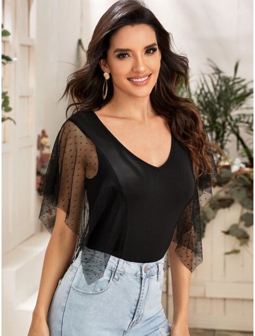 Shein Dobby Mesh Butterfly Sleeve Top