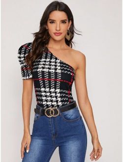 One Shoulder Puff Sleeve Plaid Top
