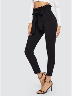 Frill Trim Bow Tie Waist Solid Pants