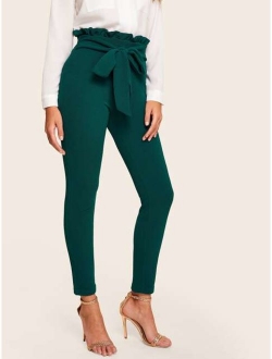 Frill Trim Bow Tie Waist Solid Pants