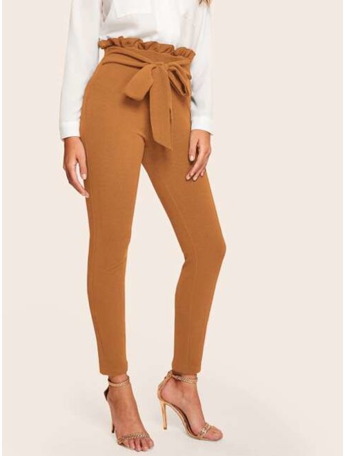 Shein Frill Trim Bow Tie Waist Solid Pants