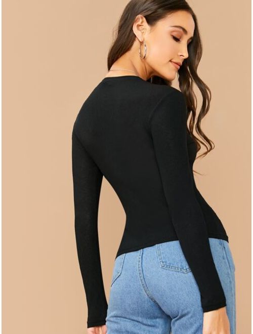 Shein Round Neck Rib-knit Solid Tee