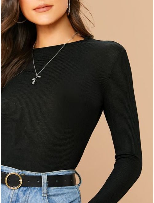 Shein Round Neck Rib-knit Solid Tee