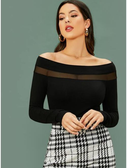 Shein Off Shoulder Mesh Insert Slim Tee