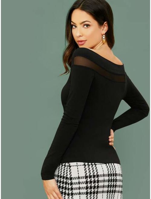 Shein Off Shoulder Mesh Insert Slim Tee
