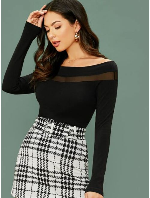 Shein Off Shoulder Mesh Insert Slim Tee