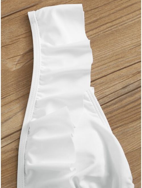 Shein Ruffle Trim Lace Up One Piece Swimwear