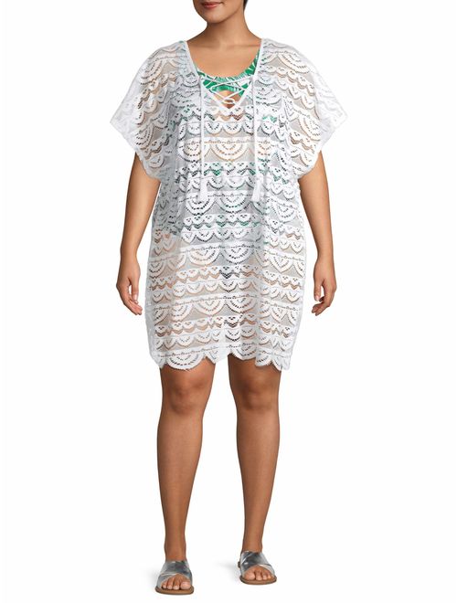 Time and Tru Women's Plus Size Lace Up Crochet Swim Cover Up