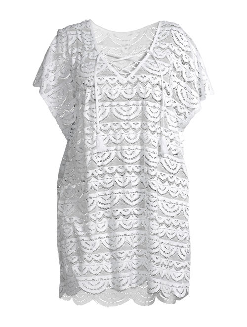Time and Tru Women's Plus Size Lace Up Crochet Swim Cover Up