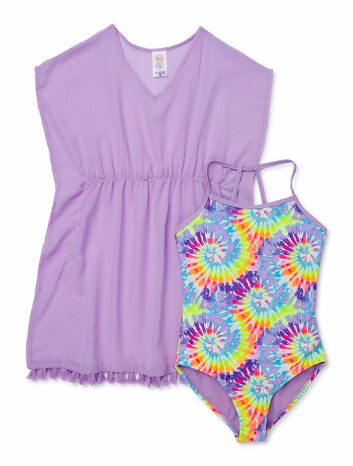 Wonder Nation Girls 4-18 & Plus One Piece Swimsuit And Caftan Cover-Up, 2-Piece Set with UPF 50+