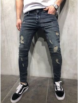 Mens Ripped Jeans Stretchy Skinny Slim Fit Denim Pants Destroyed Frayed Trousers