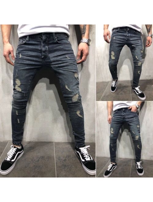 Meihuida Mens Ripped Jeans Stretchy Skinny Slim Fit Denim Pants Destroyed Frayed Trousers