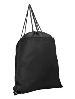Drawstring Backpack Tote Sock Sack Pack with Zipper Front Pocket in Black