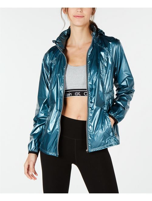 Calvin Klein Performance Women's Metallic Water-Repellent Hooded Jacket, Teal Dusk, L