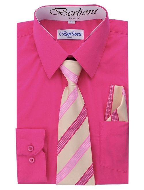 Berlioni Kids Boys Slim Fit Long Sleeve Dress Shirt With Tie & Hanky Fuchsia