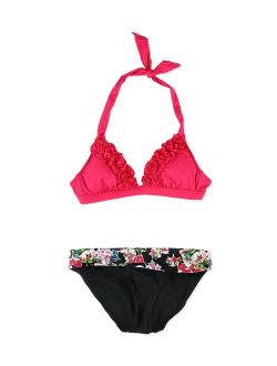 Womens Ruffled Floral Sash Brief 2 Piece Bikini, Pink, Small