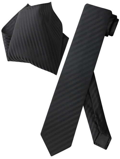 Vesuvio Napoli Skinny NeckTie Black Vertical Stripes 2.5" Mens Tie Handkerchief