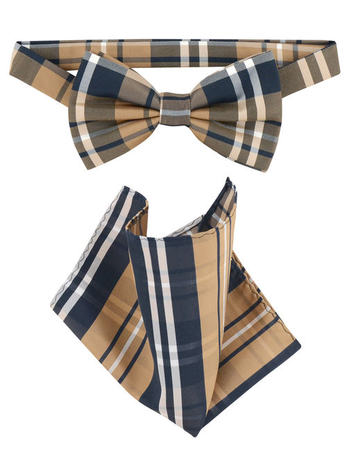 Vesuvio Napoli BowTie Navy Brown White Plaid Design Mens Bow Tie & Handkerchief