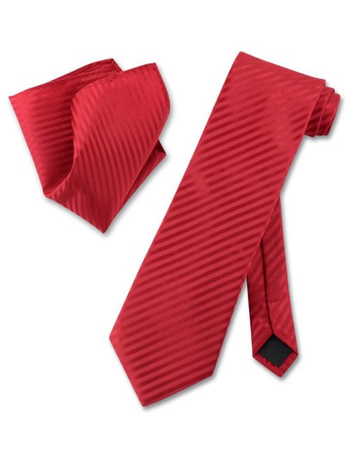 Vesuvio Napoli RED Striped NeckTie & Handkerchief Matching Men's Neck Tie Set
