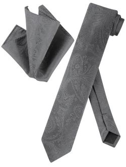 Skinny NeckTie Charcoal Grey Paisley Mens 2.5" Tie handkerchief