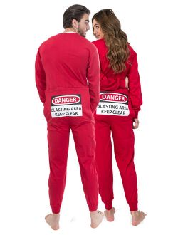 Red Union Suit Sleeper Pajamas with Funny Rear Flap "DANGER BLASTING AREA"