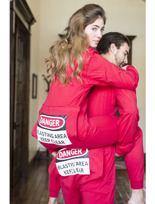 Red Union Suit Sleeper Pajamas with Funny Rear Flap "DANGER BLASTING AREA"