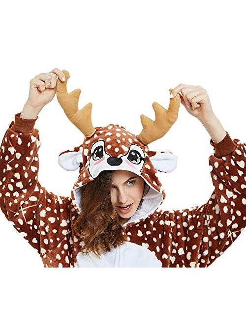 ABENCA Deer Onesie Reindeer Pajamas for Women Adult Cartoon One Piece Animal Halloween Christmas Cosplay Costume