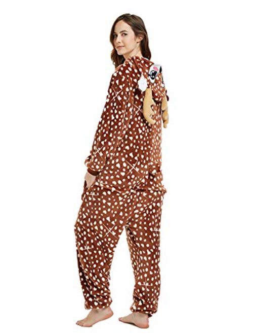 ABENCA Deer Onesie Reindeer Pajamas for Women Adult Cartoon One Piece Animal Halloween Christmas Cosplay Costume