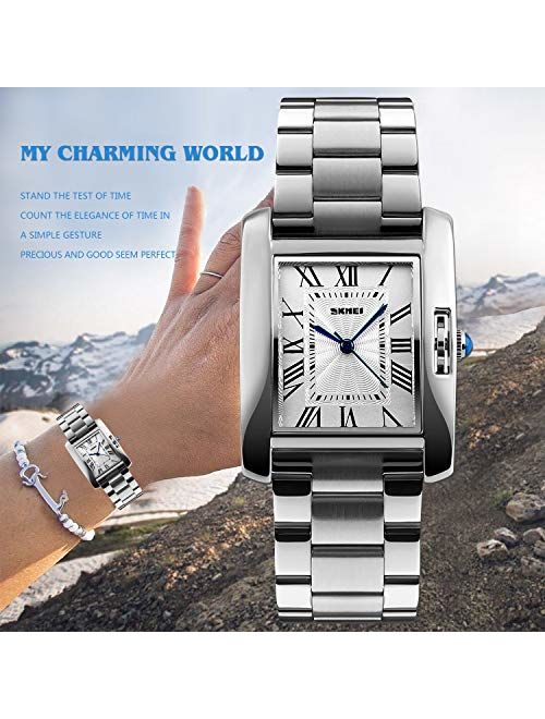 Women Lady Dress Analog Quartz Watch with Stainless Steel Band, Casual Fashion Waterproof Watches Roman Numeral Diamond Rhinestone Luminous Wristwatch (Silver)