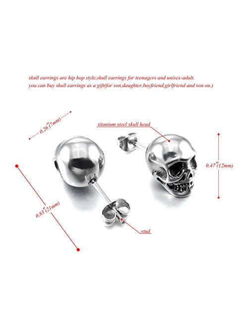 Fusamk Punk Piercing Body Jewelry Titanium Steel Skull Stud Earrings