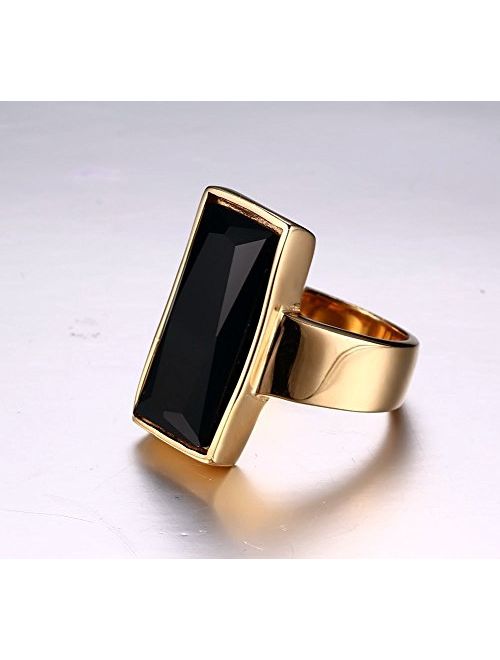 VNOX Stainless Steel Gold Plated Rectangular Black Glass Crystal Ring for Women 