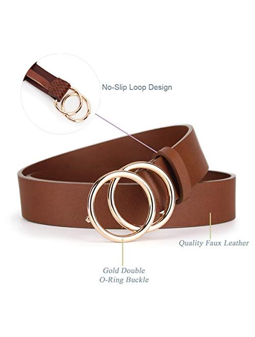 Pack 2 Women Belts for Jeans with Fashion Double O-Ring Buckle and Faux Leather