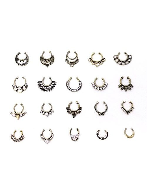 Honbay 20pcs Fake Septum Clicker Nose Ring Rhinestone Non Piercing Hanger Clip Body Jewelry