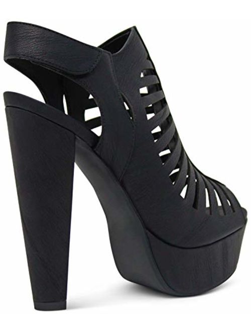 MARCOREPUBLIC Milan Peep Toe Slingback Ankle Strap Cut Out Platform Chunky Stacked Heels Sandals Pumps