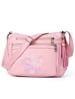 Embroidered Crossbody Bags For Women Print Pocketbooks Soft PU Leather Purses and Handbags Multi Pocket Shoulder Bag
