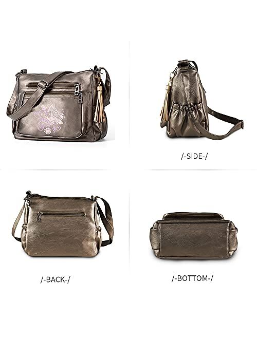 Embroidered Crossbody Bags For Women Print Pocketbooks Soft PU Leather Purses and Handbags Multi Pocket Shoulder Bag