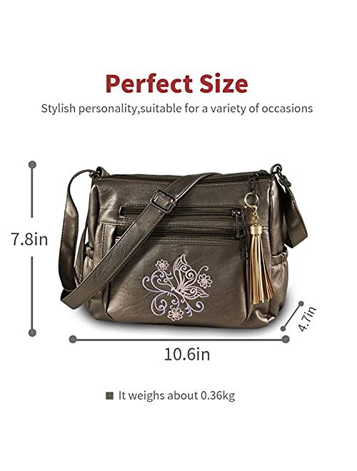 Embroidered Crossbody Bags For Women Print Pocketbooks Soft PU Leather Purses and Handbags Multi Pocket Shoulder Bag