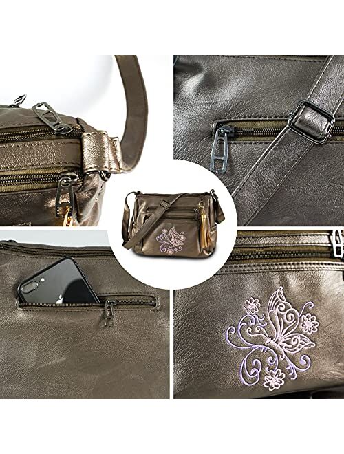 Embroidered Crossbody Bags For Women Print Pocketbooks Soft PU Leather Purses and Handbags Multi Pocket Shoulder Bag
