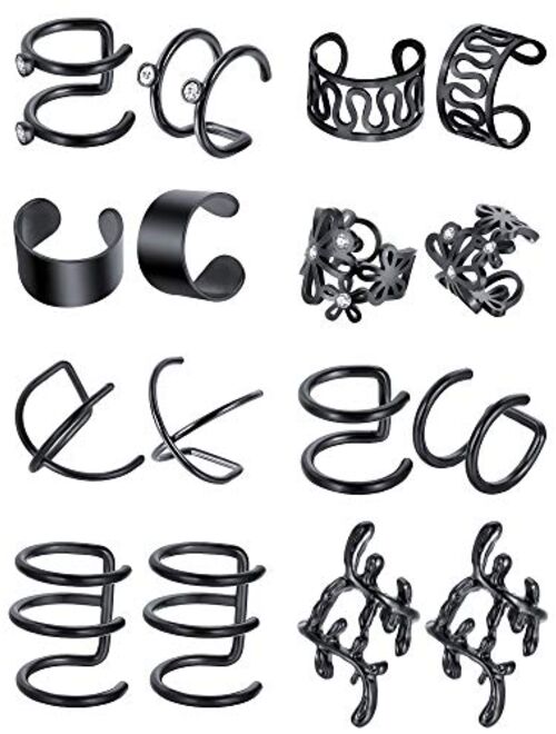 8 Pairs Stainless Steel Ear Cuff Non Piercing Clip on Cartilage Earrings for Men Women, 8 Various Styles