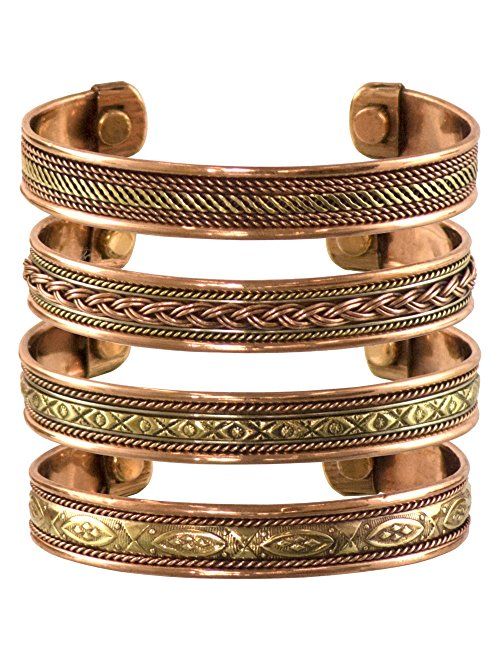 cosynee Set of 4 Tibetan Copper Bracelets Magnetic India Pattern Women's Men's Spiritual Yoga Jewelry