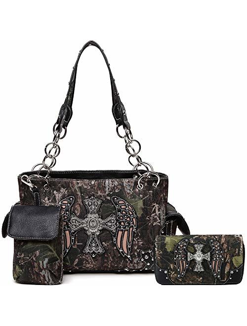 Western Style Camouflage Concealed Carry Purse Buckle Country Studs Women Handbag Shoulder Bag Wallet Set