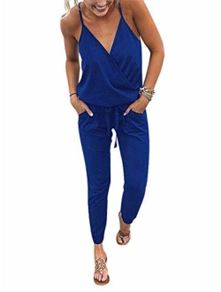Adibosy Women V Neck Jumpsuits Overalls Strap Sleeveless Summer Casual Playsuit Rompers with Pockets