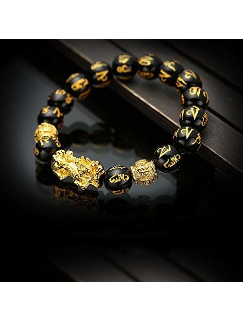 Feng Shui The Best 12mm Black Hand Carved Mantra Bead Bracelet with Golden Pi Xiu/Pi Yao Lucky Wealthy Amulet Brecelet