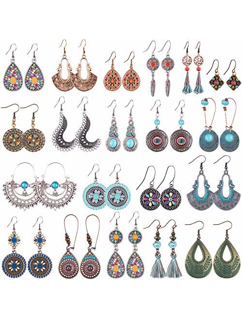Duufin 20 Pairs Bohemian Vintage Drop Dangle Earrings Boho Earrings Set Statement Earrings National Style Alloy Long Boho Dangle Earrings for Women Girls